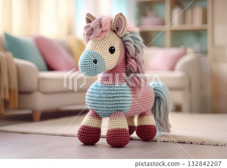 Knitted horse made of wool in cute pastel colors 132842207