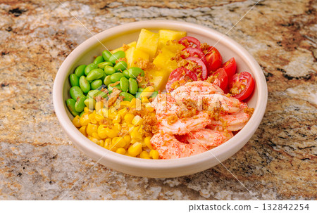 Colorful bowl of fresh ingredients featuring shrimp and vegetables Colorful bowl of fresh ingredients featuring shrimp and vegetables 132842254