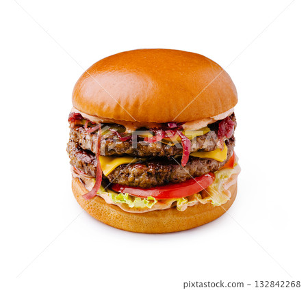Delicious double cheeseburger with fresh ingredients and rich toppings 132842268