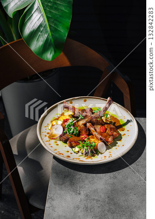 Delicious meal of lamb chops served on a stylish table 132842283