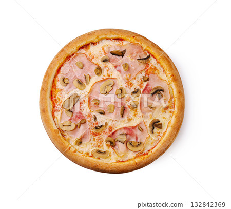 Delicious pizza with ham, mushrooms, and olives ready to be enjoyed at dinner 132842369