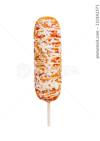 Unique snack on a stick with cheese and sauce at a local fair 132842371