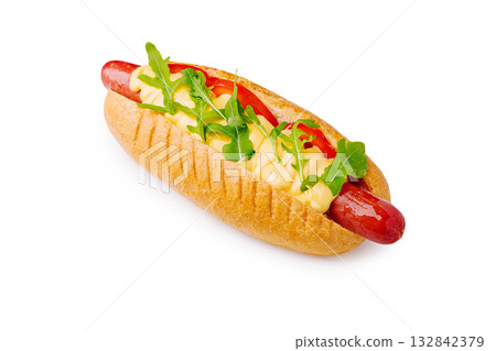 Delicious hot dog with fresh toppings served on a soft bun Delicious hot dog with fresh toppings served on a soft bun 132842379