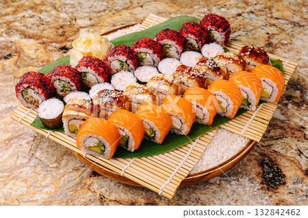 Colorful sushi platter with various rolls and toppings for a special meal 132842462