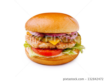Delicious grilled chicken burger with fresh toppings and soft bun Delicious grilled chicken burger with fresh toppings and soft bun 132842472