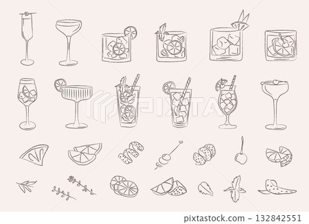 Retro cocktail doodle set with hand drawn garnish, classic drinks and vintage bar glass icons. Whimsical vector illustration for kitchen decor, party menu or creative wall art. Retro cocktail doodle set with hand drawn garnish, classic drinks and vintage bar glass icons. Whimsical vector illustration for kitchen decor, party menu or creative wall art. 132842551