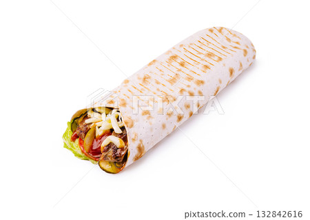Delicious grilled wrap filled with fresh vegetables and cheese 132842616