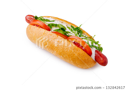 Delicious hot dog with fresh toppings ready to enjoy at lunchtime Delicious hot dog with fresh toppings ready to enjoy at lunchtime 132842617
