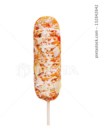 Delicious cheese covered corn dog treat on a stick enjoyed at a summer festival Delicious cheese covered corn dog treat on a stick enjoyed at a summer festival 132842642