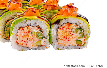 Delicious sushi rolls with salmon and avocado lying on white background Delicious sushi rolls with salmon and avocado lying on white background 132842683