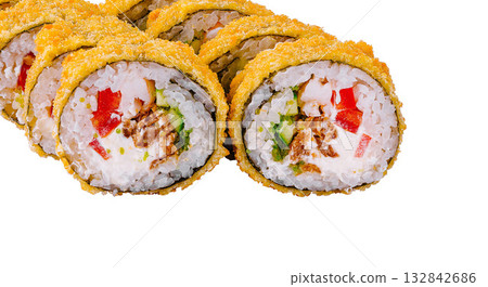 Tempura sushi rolls showing filling on white background 132842686