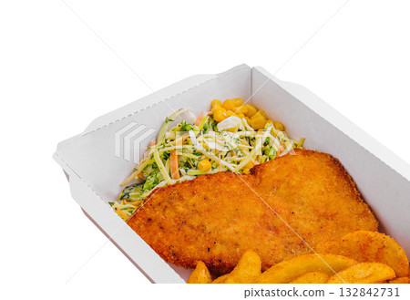 Takeout schnitzel or fish and chips with salad in cardboard box 132842731