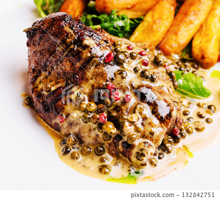 Gourmet steak with green peppercorn sauce and roasted potatoes Gourmet steak with green peppercorn sauce and roasted potatoes 132842751