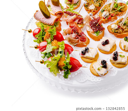 Delicious variety of canapes on a decorative platter for a gathering 132842855