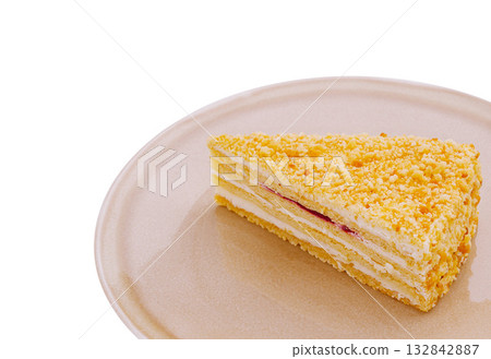 Delicious slice of layered cake served on a light-colored plate Delicious slice of layered cake served on a light-colored plate 132842887