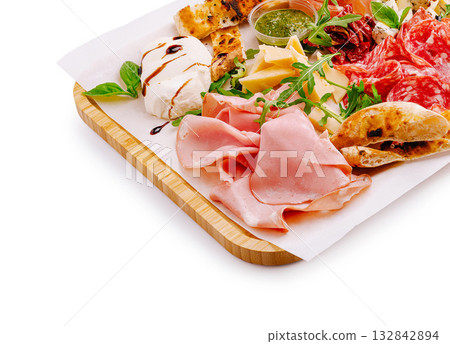 Gourmet platter featuring cured meats, cheeses, and condiments for casual dining Gourmet platter featuring cured meats, cheeses, and condiments for casual dining 132842894