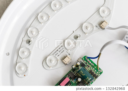 Image shows an electronic circuit board, specifically a constant current LED driver board. Image shows an electronic circuit board, specifically a constant current LED driver board. 132842968