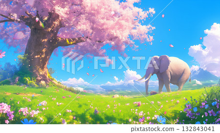櫻花樹與大象，動漫風格 132843041