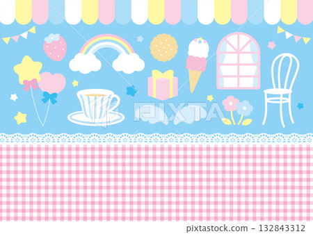 Cute pastel color fairy tale icon and checkered pattern set 132843312