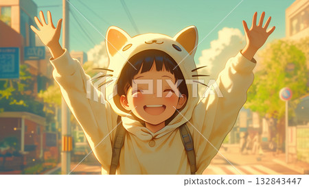 Girl wearing a cat hoodie and raising her hands in the evening town, anime style 132843447