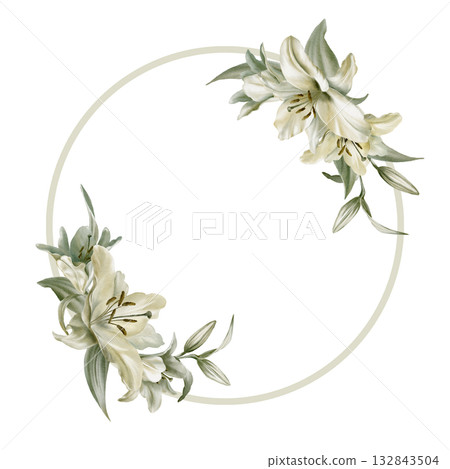 White lilies with leaves in circular frame symbolizing purity,innocence,holiness communion.Hand drawn watercolor illustration for chapel ceremonies,advertisements 132843504