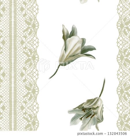 White lilies with leaves in seamless pattern,openwork lace ribbon,symbolizing purity,innocence,communion and marriage.Hand drawn watercolor illustration for chapel ceremonies,advertisements White lilies with leaves in seamless pattern,openwork lace ribbon,symbolizing purity,innocence,communion and marriage.Hand drawn watercolor illustration for chapel ceremonies,advertisements 132843506