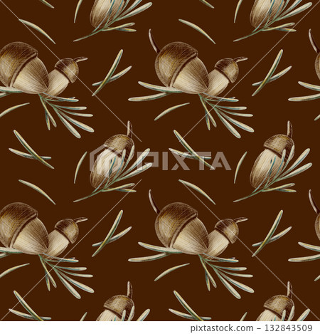 Cheerful acorns with spruce needles and a tiny twig in seamless pattern with soft watercolor washes and textured colored pencils hatching.For autumn,nature-inspired themes,childrens textile Cheerful acorns with spruce needles and a tiny twig in seamless pattern with soft watercolor washes and textured colored pencils hatching.For autumn,nature-inspired themes,childrens textile 132843509