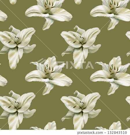White lilies with leaves in seamless pattern on earth green background,symbolizing purity,innocence,holiness communion.Hand drawn watercolor illustration for chapel ceremonies,advertisements White lilies with leaves in seamless pattern on earth green background,symbolizing purity,innocence,holiness communion.Hand drawn watercolor illustration for chapel ceremonies,advertisements 132843510