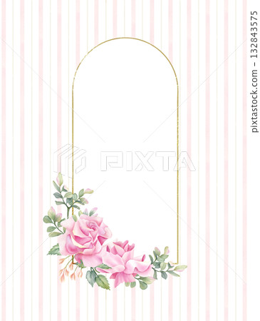 Floral composition template, arch golden frame on striped isolated background in delicate shades. Pink rose, freesia flower with leaves of pistachio. Botanical illustration card wedding invitation 132843575