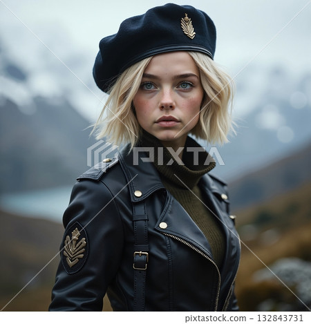 A woman in a stylized military uniform with a beret and a leather jacket 132843731