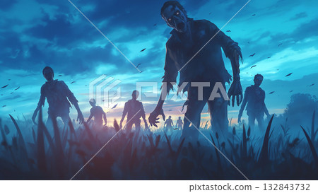 夜晚草原上的殭屍，動漫風格 132843732