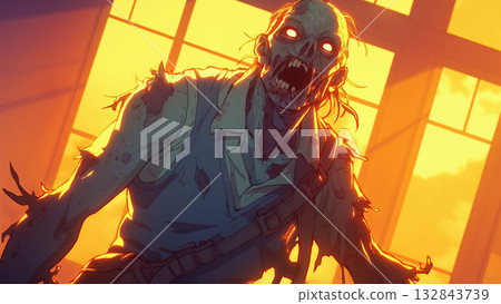 Zombies invading a building in the evening, anime style 132843739