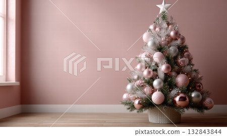 A minimalist Christmas tree pink and silver ornaments A minimalist Christmas tree pink and silver ornaments 132843844
