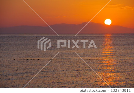 View of the sunset over Shodoshima from Keino Matsubara, Minamiawaji City, Hyogo Prefecture 132843911