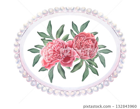Oval horizontal pearl frame with peony flowers and leaves. Hand-painted watercolor illustration isolated on white for invitations, wedding cards, posters, logos, prints, packaging, wall art, design Oval horizontal pearl frame with peony flowers and leaves. Hand-painted watercolor illustration isolated on white for invitations, wedding cards, posters, logos, prints, packaging, wall art, design 132843960