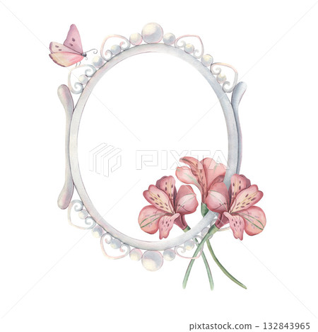 Vintage oval pearl frame with alstroemeria bouquet, butterfly. Hand-painted watercolor illustration isolated on white for invitations, wedding cards, logo, prints, packaging, wall art, design projects Vintage oval pearl frame with alstroemeria bouquet, butterfly. Hand-painted watercolor illustration isolated on white for invitations, wedding cards, logo, prints, packaging, wall art, design projects 132843965