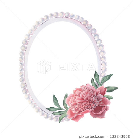 Oval pearl frame with peony flower and leaves. Hand-painted watercolor illustration isolated on white for invitations, wedding cards, logos, prints, packaging, wall art, vintage design projects Oval pearl frame with peony flower and leaves. Hand-painted watercolor illustration isolated on white for invitations, wedding cards, logos, prints, packaging, wall art, vintage design projects 132843968