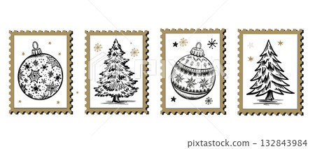 Hand-Drawn Christmas Festive Stamps Collection	 132843984