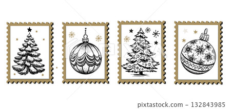 Hand-Drawn Christmas Festive Stamps Collection Hand-Drawn Christmas Festive Stamps Collection 132843985