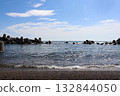 平靜的海景，白色的波浪輕拍海岸線，藍天白雲。 132844050