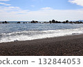 平靜的海景，白色的波浪輕拍海岸線，藍天白雲。 132844053