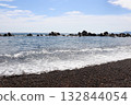 平靜的海景，白色的波浪輕拍海岸線，藍天白雲。 132844054