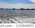 平靜的海景，白色的波浪輕拍海岸線，藍天白雲。 132844055