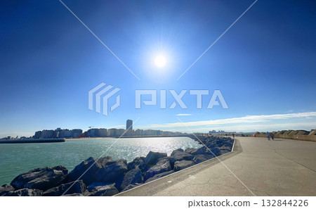 Enjoy a stunning scenic ocean walkway that stretches out under a bright and sunny sky Enjoy a stunning scenic ocean walkway that stretches out under a bright and sunny sky 132844226
