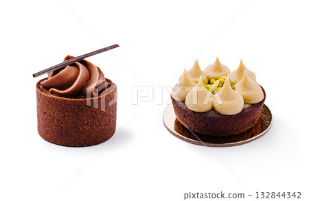 Chocolate and pistachio desserts displayed on a clean white background Chocolate and pistachio desserts displayed on a clean white background 132844342