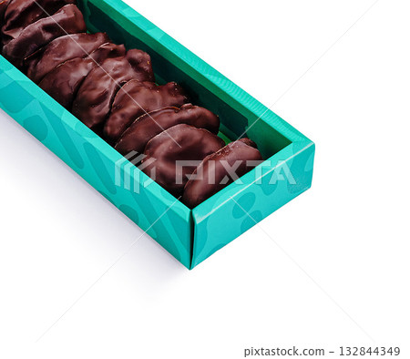 Box of chocolate-covered cookies arranged neatly for a sweet treat Box of chocolate-covered cookies arranged neatly for a sweet treat 132844349
