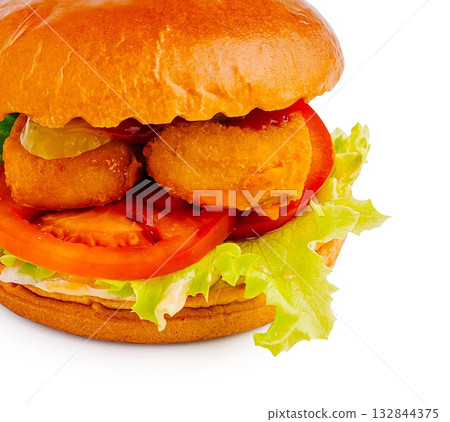 Crispy sandwich with lettuce, tomatoes, and tasty fried nuggets for lunch Crispy sandwich with lettuce, tomatoes, and tasty fried nuggets for lunch 132844375