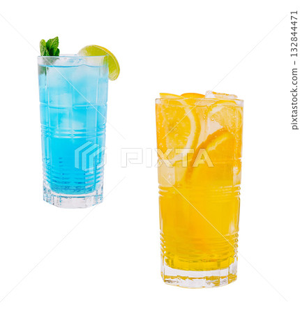 Refreshing blue and yellow beverages served in clear glasses with ice Refreshing blue and yellow beverages served in clear glasses with ice 132844471