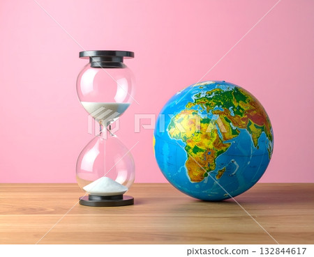 The blue globe and white sand represent the lifespan of the Earth The blue globe and white sand represent the lifespan of the Earth 132844617