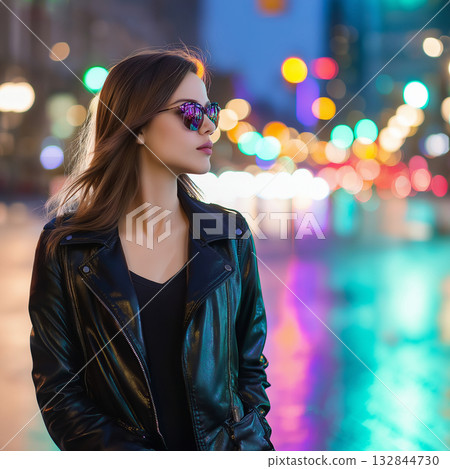 A young woman wearing sunglasses with a night view in the background 132844730
